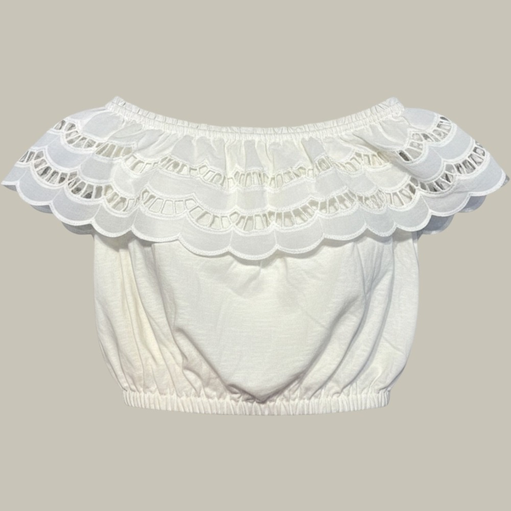 Brea Canyon Womens Medium White Eyelet Scalloped Lace Ruffle Crop Top NEW TAGS